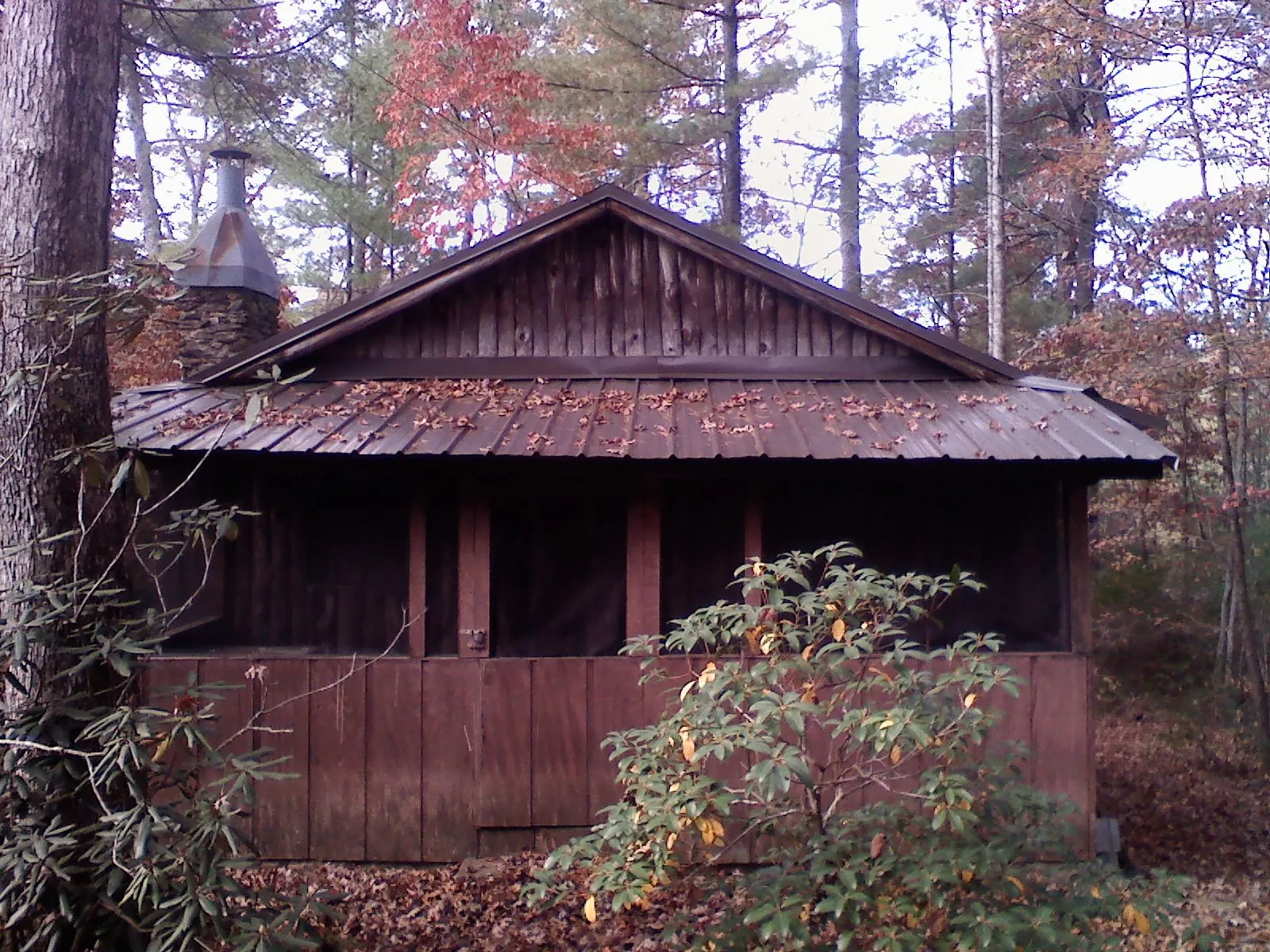 Metal roof over the screened porch of a rustic cabin in Silver Lake
